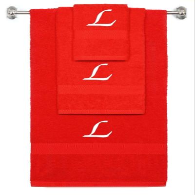 BY LORA Custom Embroidered Terry Cotton Ring Spun Bath Towel, Hand Towel and Washcloth Set - Red Towel Set, White Chancery Initial L