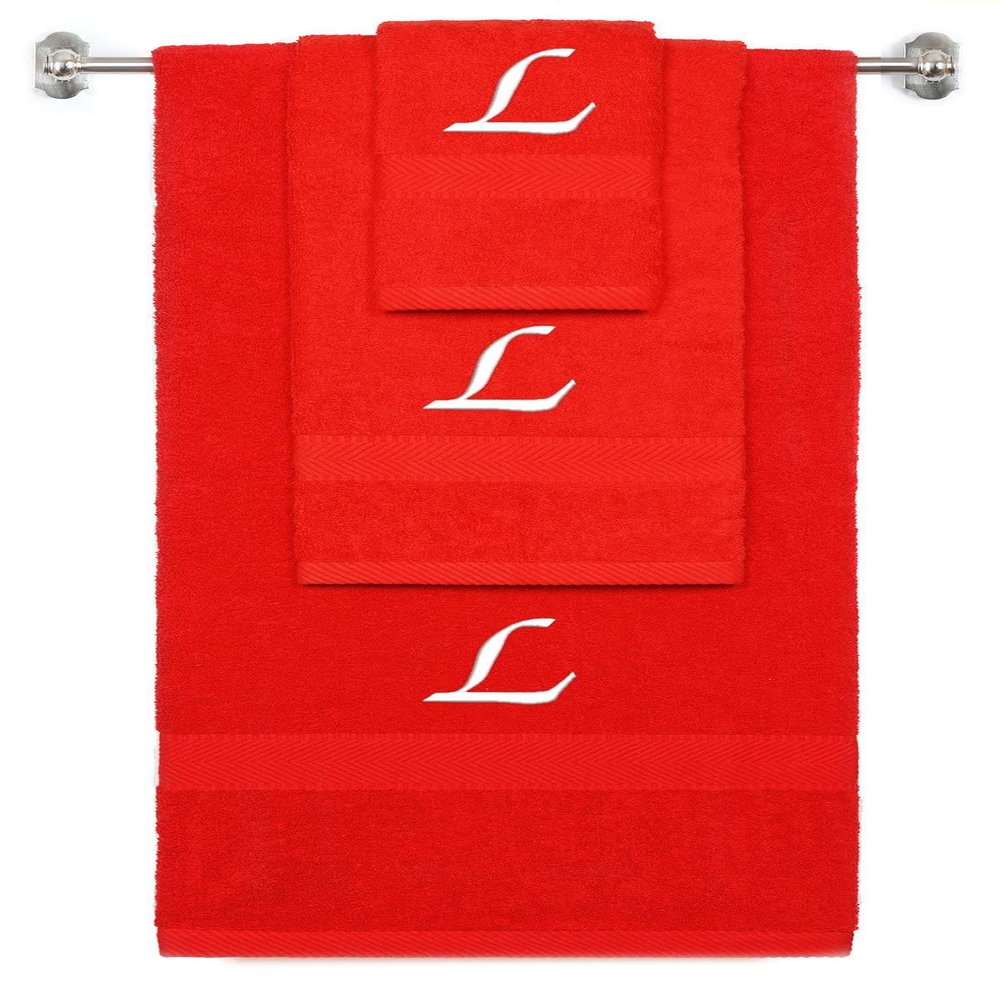 BY LORA Custom Embroidered Terry Cotton Ring Spun Bath Towel, Hand Towel and Washcloth Set - Red Towel Set, White Chancery Initial L