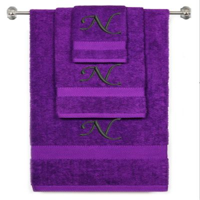 BY LORA Custom Embroidered Terry Cotton Ring Spun Bath Towel, Hand Towel and Washcloth Set - Purple Towel Set, Black Chancery Initial N