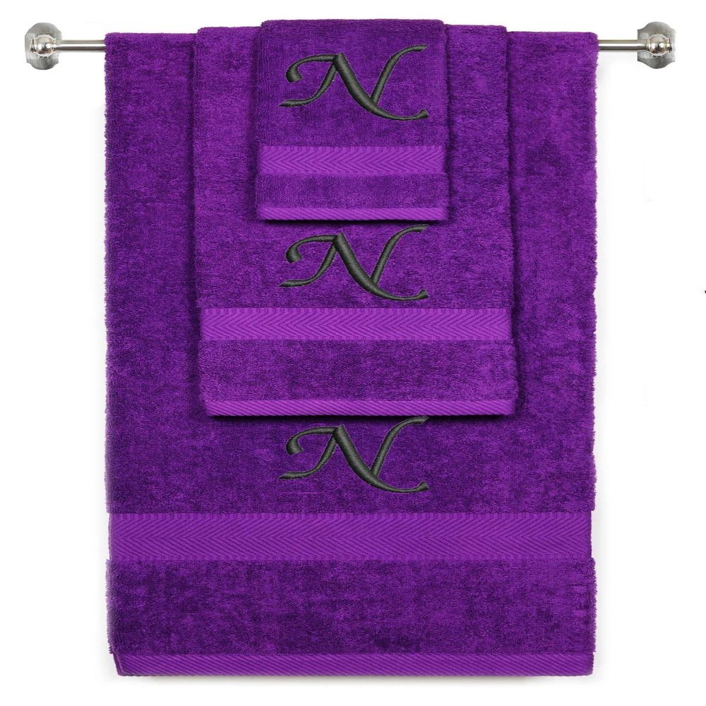 BY LORA Custom Embroidered Terry Cotton Ring Spun Bath Towel, Hand Towel and Washcloth Set - Purple Towel Set, Black Chancery Initial N