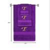 BY LORA Custom Embroidered Terry Cotton Ring Spun Bath Towel, Hand Towel and Washcloth Set - Purple Towel Set, Gold Chancery Initial T view 2