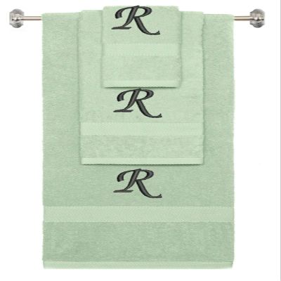 BY LORA Custom Embroidered Terry Cotton Ring Spun Bath Towel, Hand Towel and Washcloth Set - Mint Green Towel Set, Black Chancery Initial R