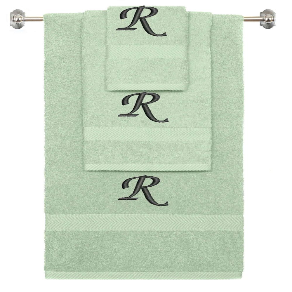 BY LORA Custom Embroidered Terry Cotton Ring Spun Bath Towel, Hand Towel and Washcloth Set - Mint Green Towel Set, Black Chancery Initial R