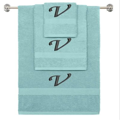 BY LORA Custom Embroidered Terry Cotton Ring Spun Bath Towel, Hand Towel and Washcloth Set - Nautical Teal Towel Set, Black Chancery Initial V