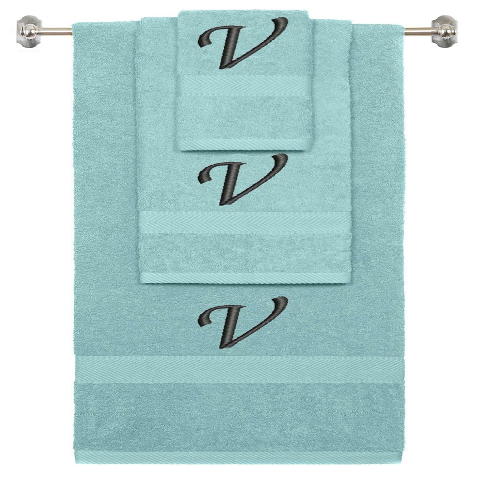 BY LORA Custom Embroidered Terry Cotton Ring Spun Bath Towel, Hand Towel and Washcloth Set - Nautical Teal Towel Set, Black Chancery Initial V