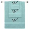BY LORA Custom Embroidered Terry Cotton Ring Spun Bath Towel, Hand Towel and Washcloth Set - Nautical Teal Towel Set, Black Chancery Initial V view 1