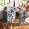 Rolling Kitchen Island with Extended Table,Kitchen Island on Wheels with LED Lights,Power Outlets and 2 Fluted Glass Doors, with a Storage Compartment and Side 3 Open Shelves (Grey-Blue~018) view 3