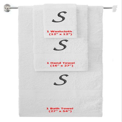 BY LORA Custom Embroidered Terry Cotton Ring Spun Bath Towel, Hand Towel and Washcloth Set - White Towel Set, Black Chancery Initial S