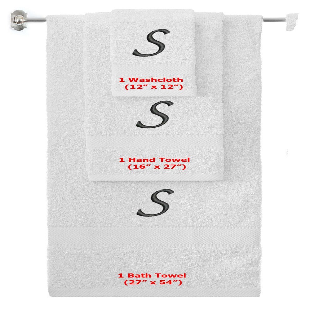 BY LORA Custom Embroidered Terry Cotton Ring Spun Bath Towel, Hand Towel and Washcloth Set - White Towel Set, Black Chancery Initial S