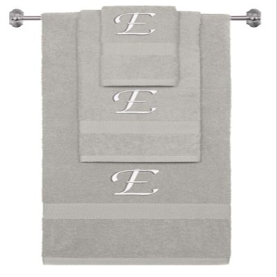 BY LORA Custom Embroidered Terry Cotton Ring Spun Bath Towel, Hand Towel and Washcloth Set - Silver Grey Towel Set, White Chancery Initial E