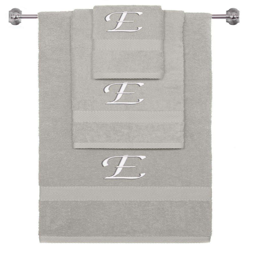 BY LORA Custom Embroidered Terry Cotton Ring Spun Bath Towel, Hand Towel and Washcloth Set - Silver Grey Towel Set, White Chancery Initial E