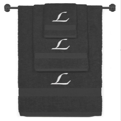 BY LORA Custom Embroidered Terry Cotton Ring Spun Bath Towel, Hand Towel and Washcloth Set - Charcoal Towel Set, Silver Chancery Initial L