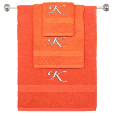 BY LORA Custom Embroidered Terry Cotton Ring Spun Bath Towel, Hand Towel and Washcloth Set - Orange Towel Set, Silver Chancery Initial K
