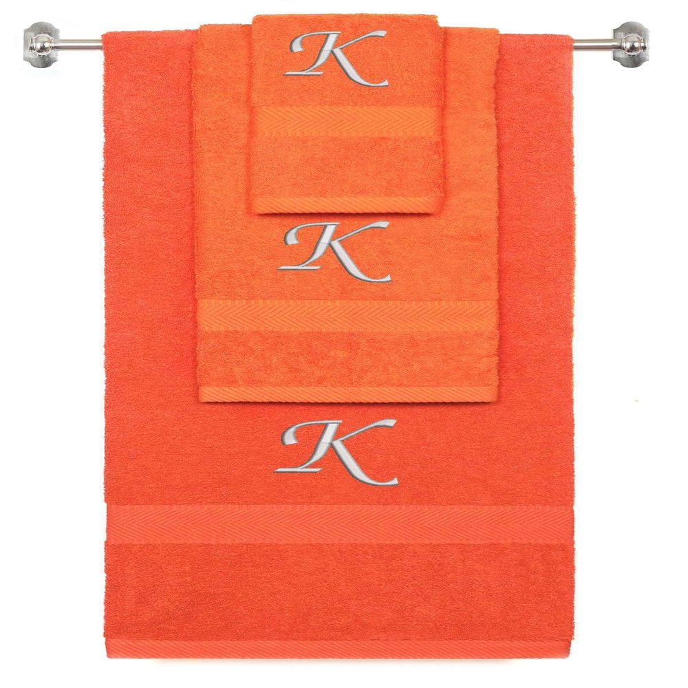 BY LORA Custom Embroidered Terry Cotton Ring Spun Bath Towel, Hand Towel and Washcloth Set - Orange Towel Set, Silver Chancery Initial K