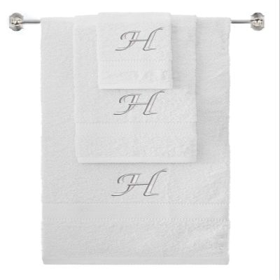 BY LORA Custom Embroidered Terry Cotton Ring Spun Bath Towel, Hand Towel and Washcloth Set - White Towel Set, Silver Chancery Initial H