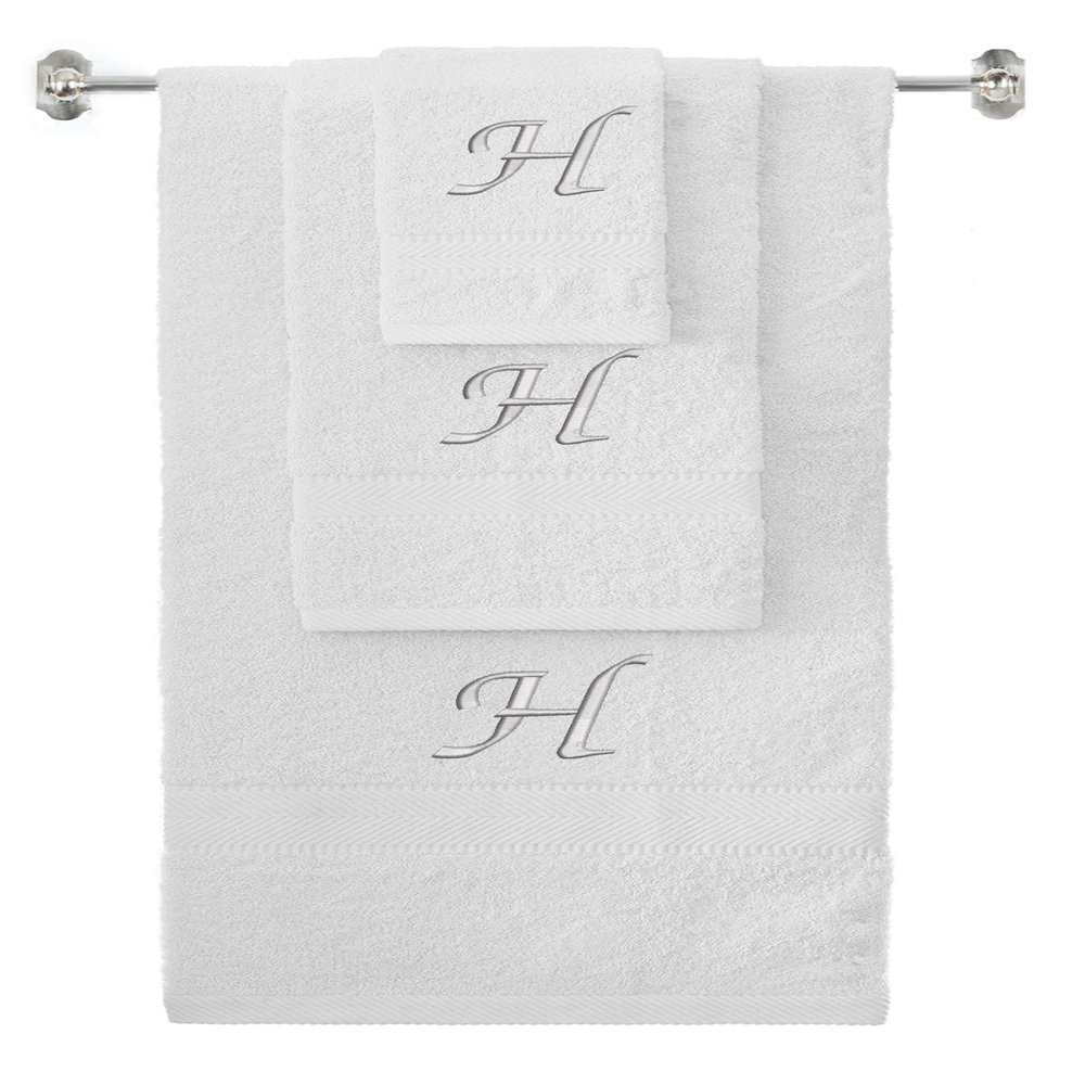 BY LORA Custom Embroidered Terry Cotton Ring Spun Bath Towel, Hand Towel and Washcloth Set - White Towel Set, Silver Chancery Initial H