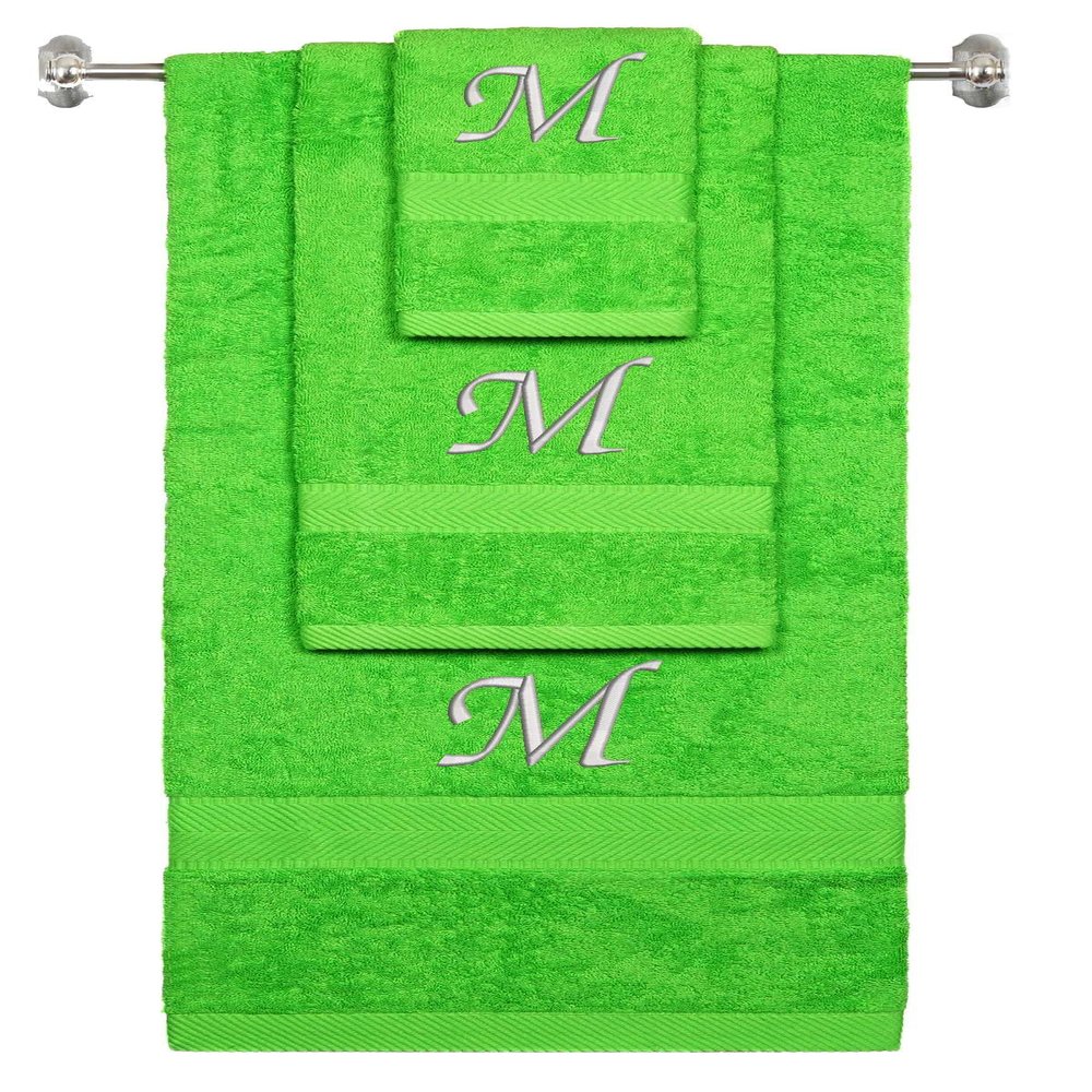 BY LORA Custom Embroidered Terry Cotton Ring Spun Bath Towel, Hand Towel and Washcloth Set - Lime Green Towel Set, Silver Chancery Initial M