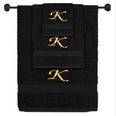 Custom Embroidered Terry Cotton Ring Spun Bath Towel, Hand Towel and Washcloth Set - Black Towel Set, Gold Chancery Initial K