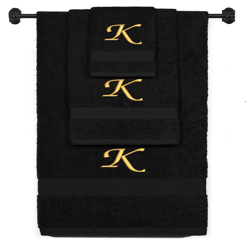 Custom Embroidered Terry Cotton Ring Spun Bath Towel, Hand Towel and Washcloth Set - Black Towel Set, Gold Chancery Initial K