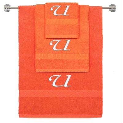 BY LORA Custom Embroidered Terry Cotton Ring Spun Bath Towel, Hand Towel and Washcloth Set - Orange Towel Set, White Chancery Initial U