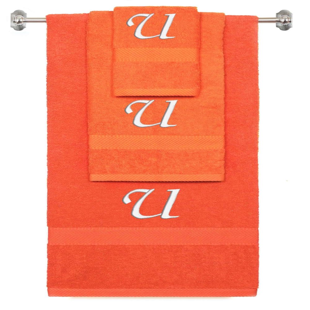 BY LORA Custom Embroidered Terry Cotton Ring Spun Bath Towel, Hand Towel and Washcloth Set - Orange Towel Set, White Chancery Initial U