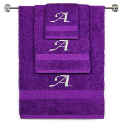 BY LORA Custom Embroidered Terry Cotton Ring Spun Bath Towel, Hand Towel and Washcloth Set - Purple Towel Set, Silver Chancery Initial A