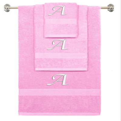 BY LORA Custom Embroidered Terry Cotton Ring Spun Bath Towel, Hand Towel and Washcloth Set - Pink Towel Set, White Chancery Initial A