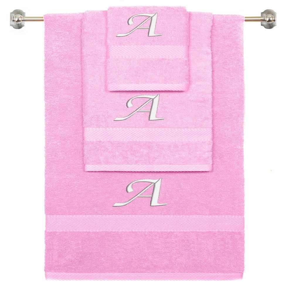 BY LORA Custom Embroidered Terry Cotton Ring Spun Bath Towel, Hand Towel and Washcloth Set - Pink Towel Set, White Chancery Initial A