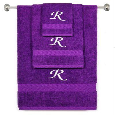 BY LORA Custom Embroidered Terry Cotton Ring Spun Bath Towel, Hand Towel and Washcloth Set - Purple Towel Set, White Chancery Initial R