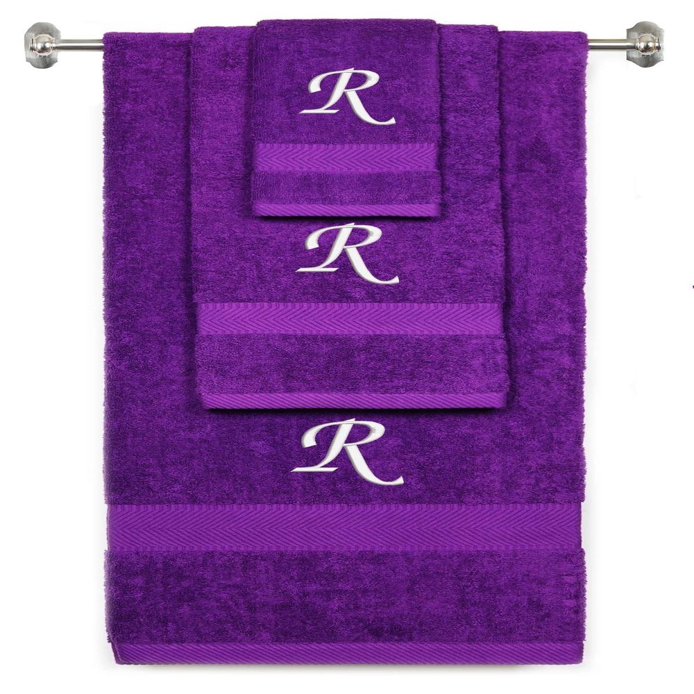 BY LORA Custom Embroidered Terry Cotton Ring Spun Bath Towel, Hand Towel and Washcloth Set - Purple Towel Set, White Chancery Initial R