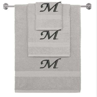 BY LORA Custom Embroidered Terry Cotton Ring Spun Bath Towel, Hand Towel and Washcloth Set - Silver Grey Towel Set, Black Chancery Initial M
