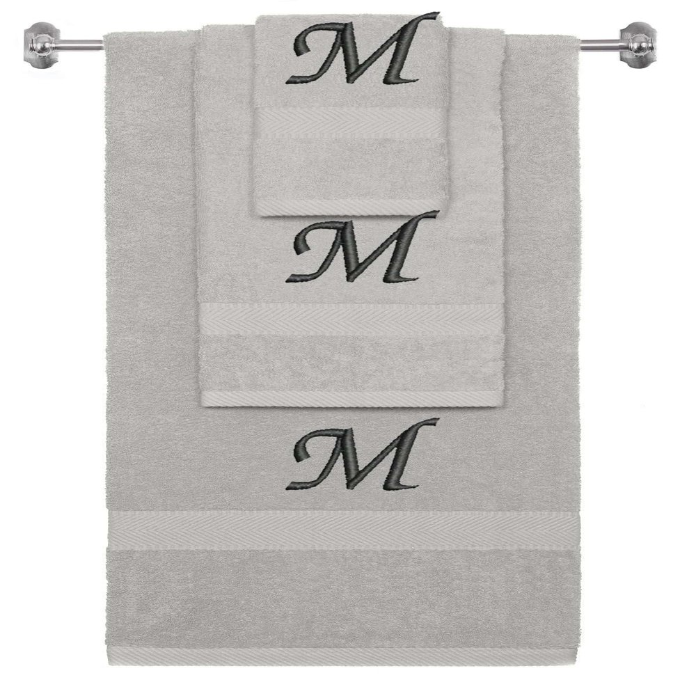 BY LORA Custom Embroidered Terry Cotton Ring Spun Bath Towel, Hand Towel and Washcloth Set - Silver Grey Towel Set, Black Chancery Initial M