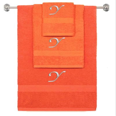 BY LORA Custom Embroidered Terry Cotton Ring Spun Bath Towel, Hand Towel and Washcloth Set - Orange Towel Set, Silver Chancery Initial Y