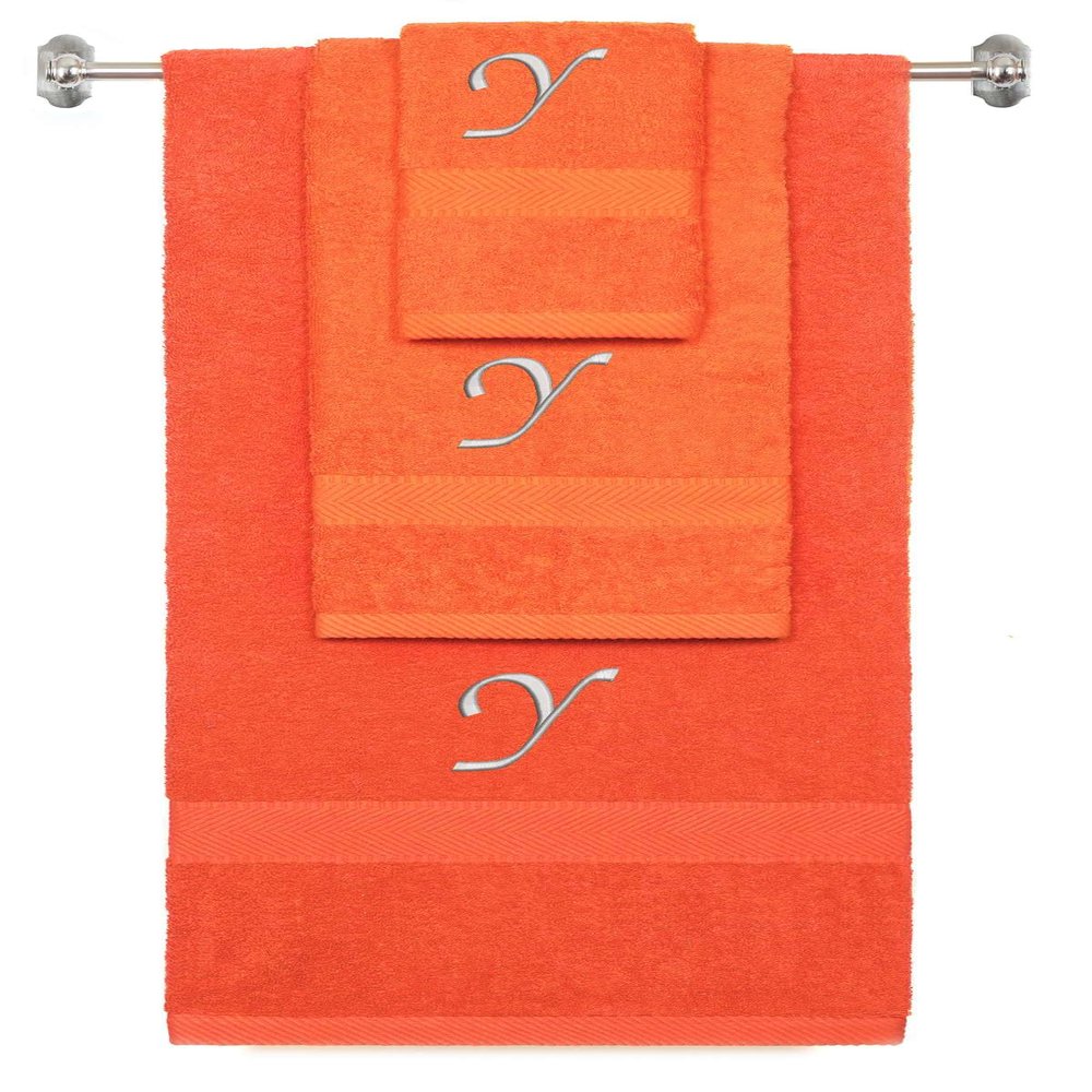 BY LORA Custom Embroidered Terry Cotton Ring Spun Bath Towel, Hand Towel and Washcloth Set - Orange Towel Set, Silver Chancery Initial Y