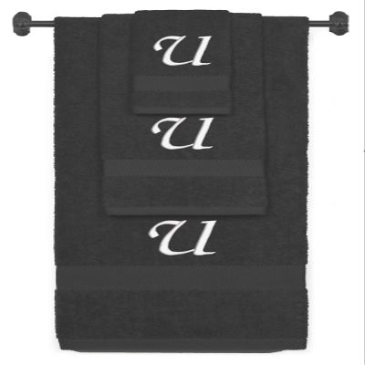 BY LORA Custom Embroidered Terry Cotton Ring Spun Bath Towel, Hand Towel and Washcloth Set - Charcoal Towel Set, White Chancery Initial U