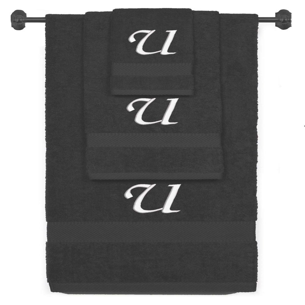 BY LORA Custom Embroidered Terry Cotton Ring Spun Bath Towel, Hand Towel and Washcloth Set - Charcoal Towel Set, White Chancery Initial U