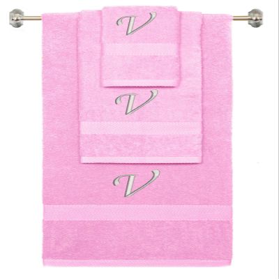 BY LORA Custom Embroidered Terry Cotton Ring Spun Bath Towel, Hand Towel and Washcloth Set - Pink Towel Set, Silver Chancery Initial V