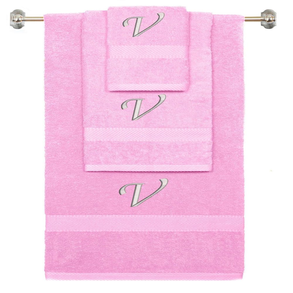 BY LORA Custom Embroidered Terry Cotton Ring Spun Bath Towel, Hand Towel and Washcloth Set - Pink Towel Set, Silver Chancery Initial V