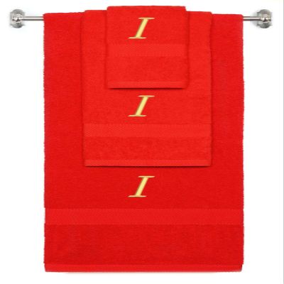 BY LORA Custom Embroidered Terry Cotton Ring Spun Bath Towel, Hand Towel and Washcloth Set - Red Towel Set, Gold Chancery Initial I