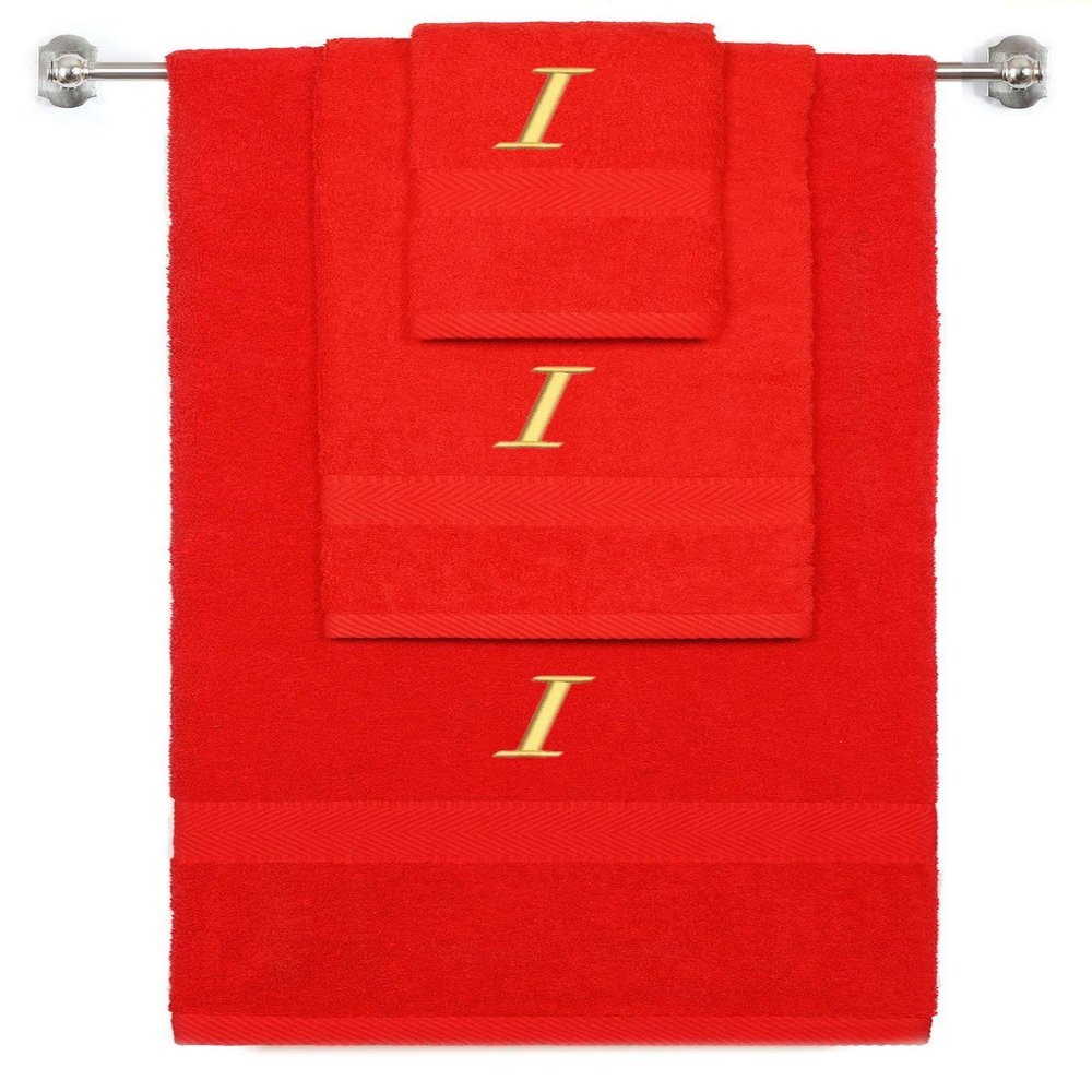 BY LORA Custom Embroidered Terry Cotton Ring Spun Bath Towel, Hand Towel and Washcloth Set - Red Towel Set, Gold Chancery Initial I