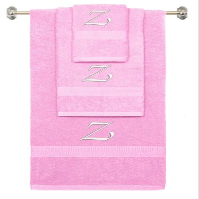 BY LORA Custom Embroidered Terry Cotton Ring Spun Bath Towel, Hand Towel and Washcloth Set - Pink Towel Set, White Chancery Initial Z