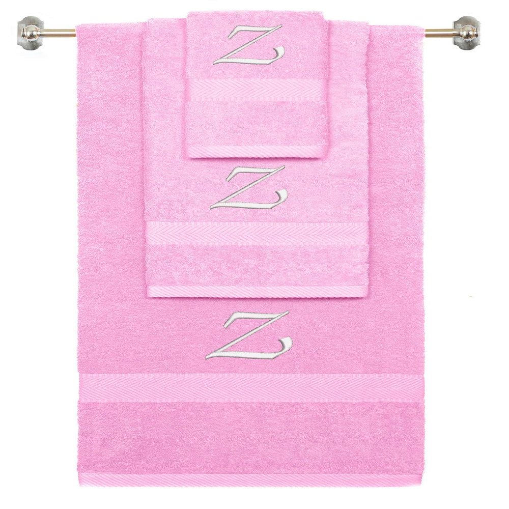 BY LORA Custom Embroidered Terry Cotton Ring Spun Bath Towel, Hand Towel and Washcloth Set - Pink Towel Set, White Chancery Initial Z