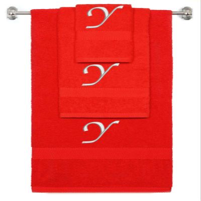 BY LORA Custom Embroidered Terry Cotton Ring Spun Bath Towel, Hand Towel and Washcloth Set - Red Towel Set, Silver Chancery Initial Y