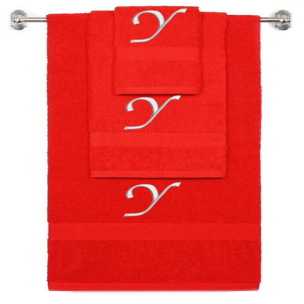 BY LORA Custom Embroidered Terry Cotton Ring Spun Bath Towel, Hand Towel and Washcloth Set - Red Towel Set, Silver Chancery Initial Y