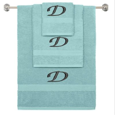 BY LORA Custom Embroidered Terry Cotton Ring Spun Bath Towel, Hand Towel and Washcloth Set - Nautical Teal Towel Set, Black Chancery Initial D
