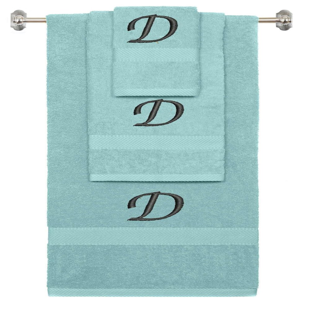 BY LORA Custom Embroidered Terry Cotton Ring Spun Bath Towel, Hand Towel and Washcloth Set - Nautical Teal Towel Set, Black Chancery Initial D