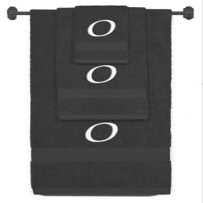 BY LORA Custom Embroidered Terry Cotton Ring Spun Bath Towel, Hand Towel and Washcloth Set - Charcoal Towel Set, White Chancery Initial O