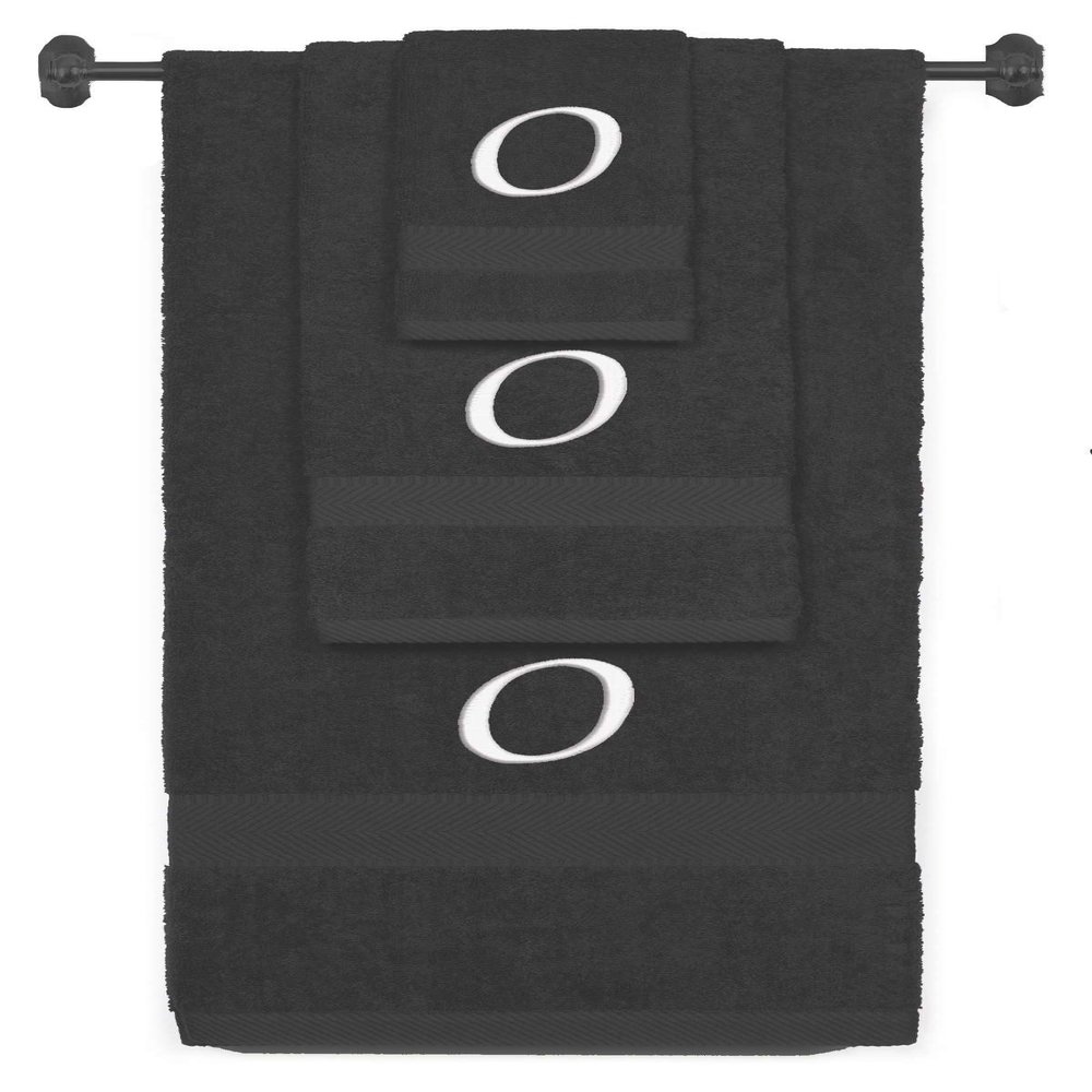 BY LORA Custom Embroidered Terry Cotton Ring Spun Bath Towel, Hand Towel and Washcloth Set - Charcoal Towel Set, White Chancery Initial O