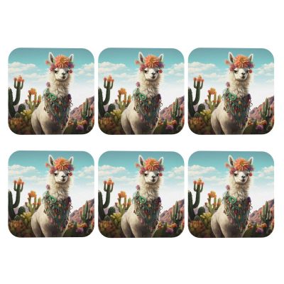 6Pcs Drink Coasters for Drinks Tabletop Protection, Mexican Llama Cactus Leather Coaster for Kinds of Cups, Absorbent Cup Coaster for Coffee Table Home Decor 4" Cup Mat Pad