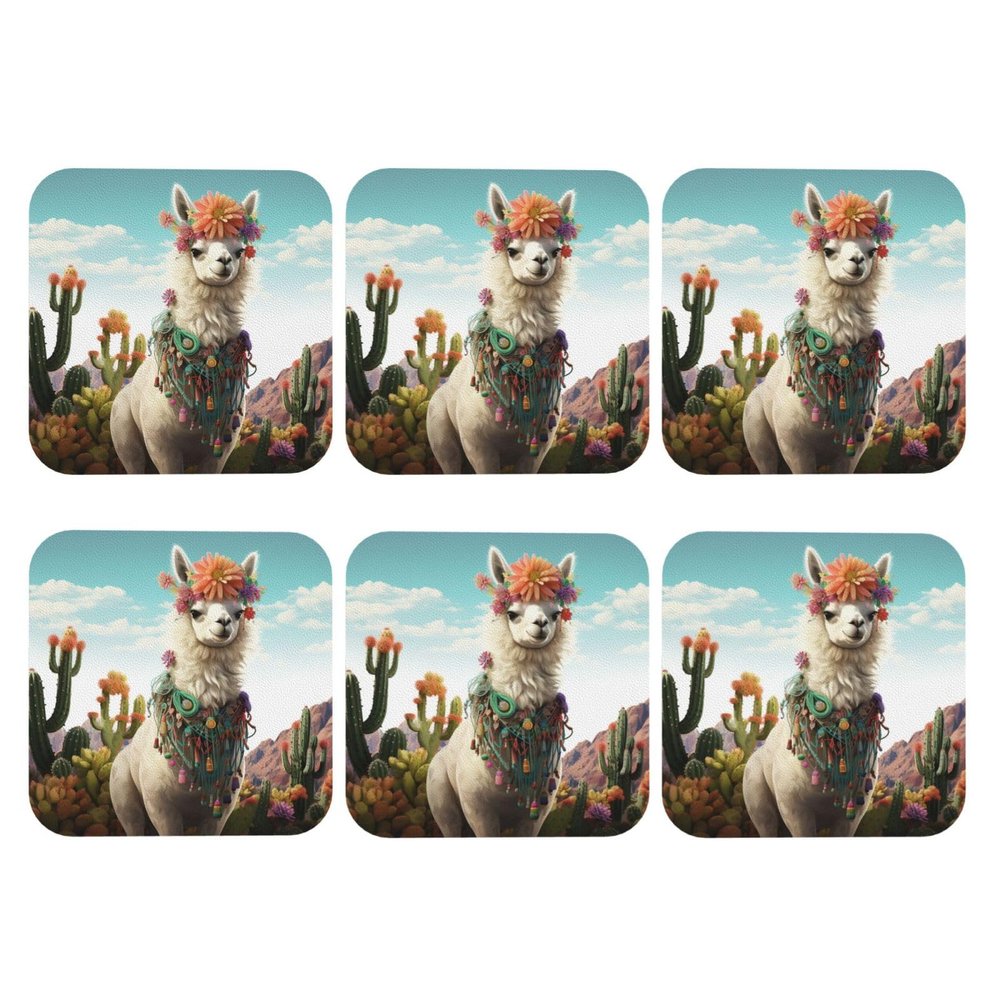 6Pcs Drink Coasters for Drinks Tabletop Protection, Mexican Llama Cactus Leather Coaster for Kinds of Cups, Absorbent Cup Coaster for Coffee Table Home Decor 4" Cup Mat Pad